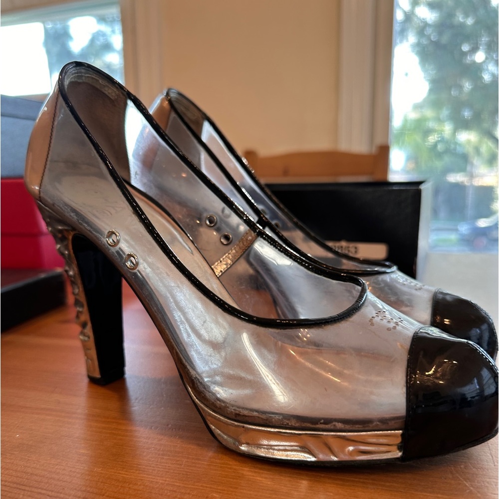 CHANEL clear pumps with black patent toe